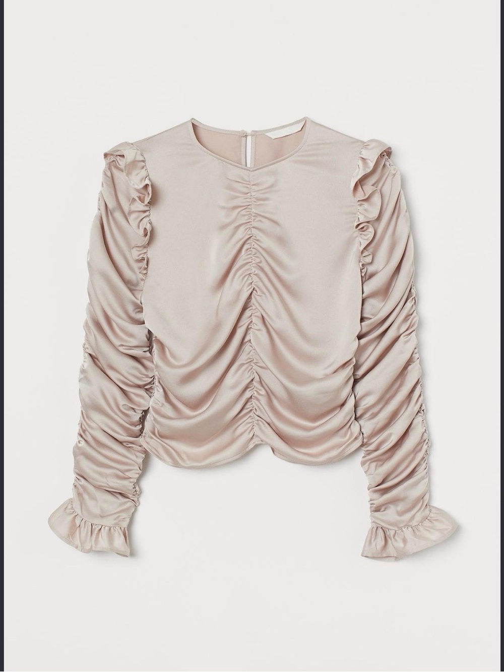 H&M Satin Ruched Ruffle Long-Sleeve Blouse in Light Pink